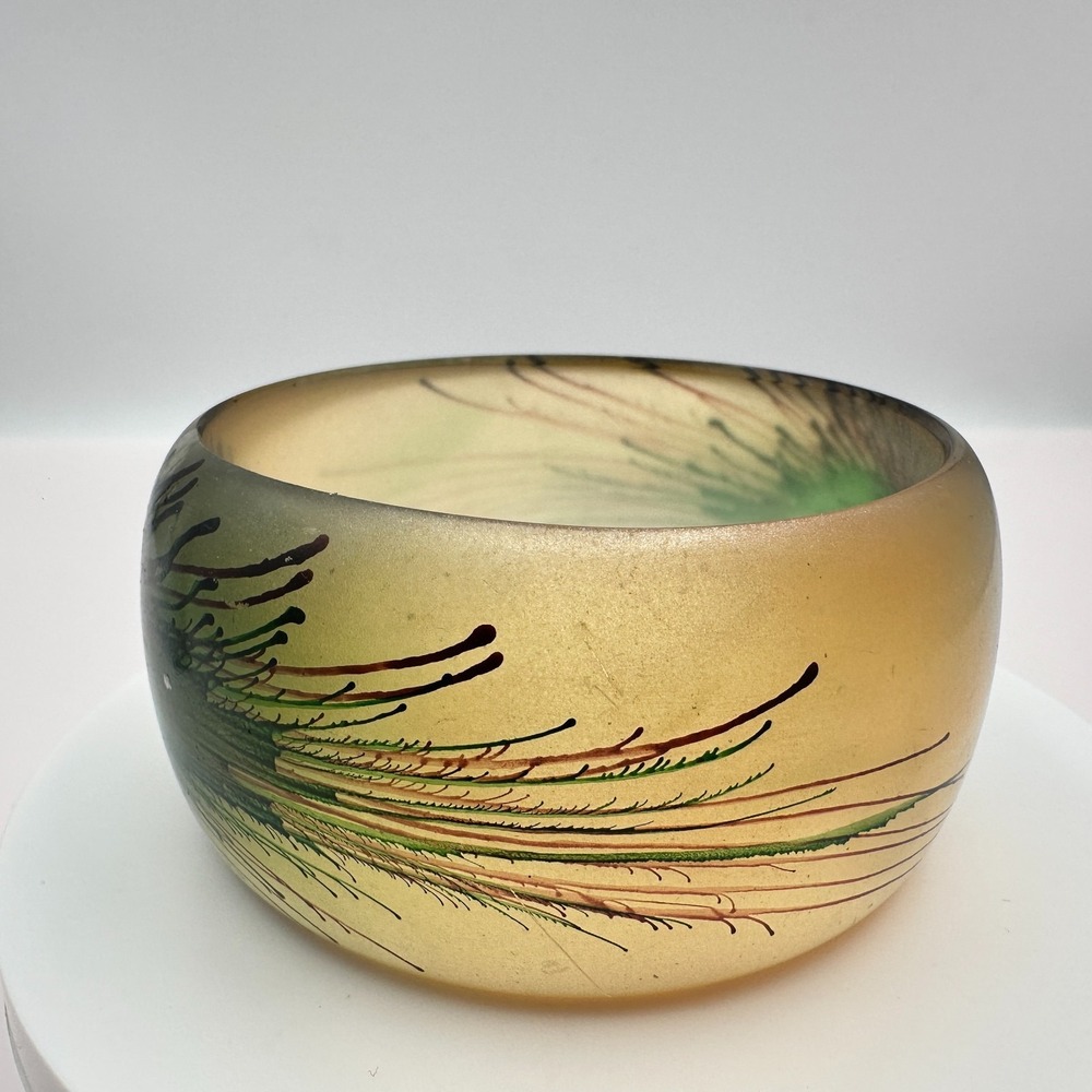 Vintage 90s Frosted Lucite Bracelet Peacock Feather Hand Painted Chunky Jewelry